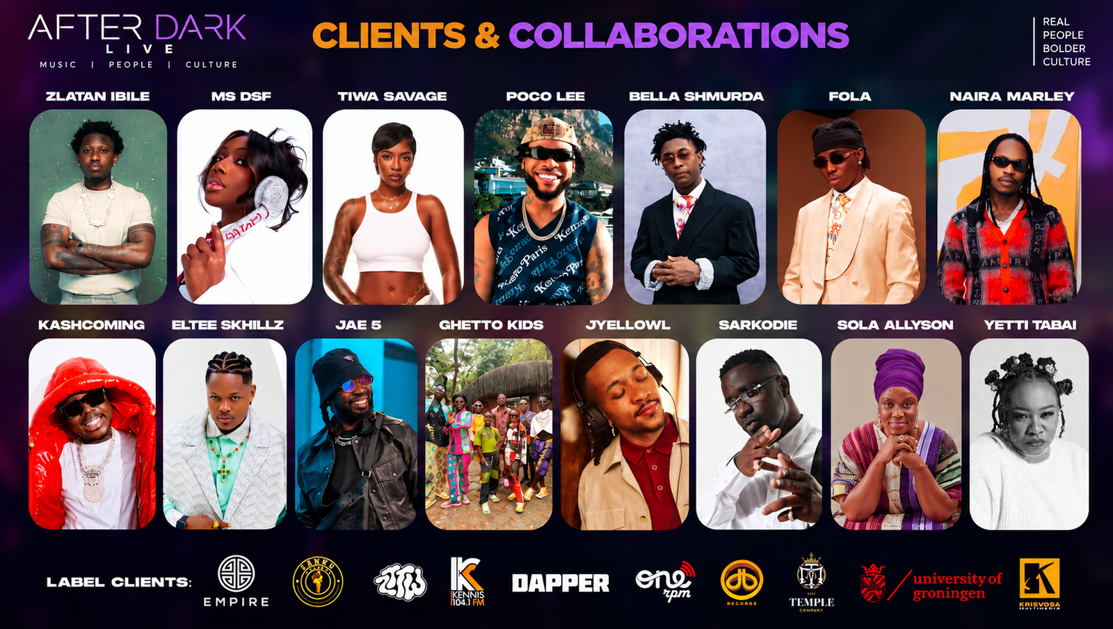 After Dark Live clients and collaborations showcase including artists and label clients