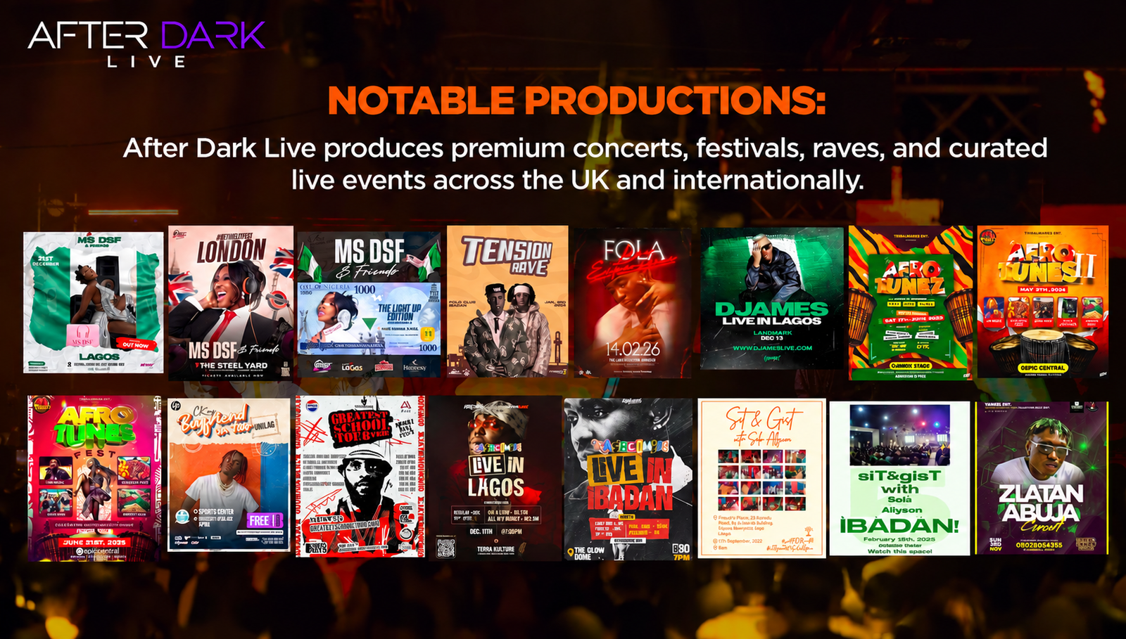 After Dark Live notable productions portfolio showing concerts, festivals, raves and live events